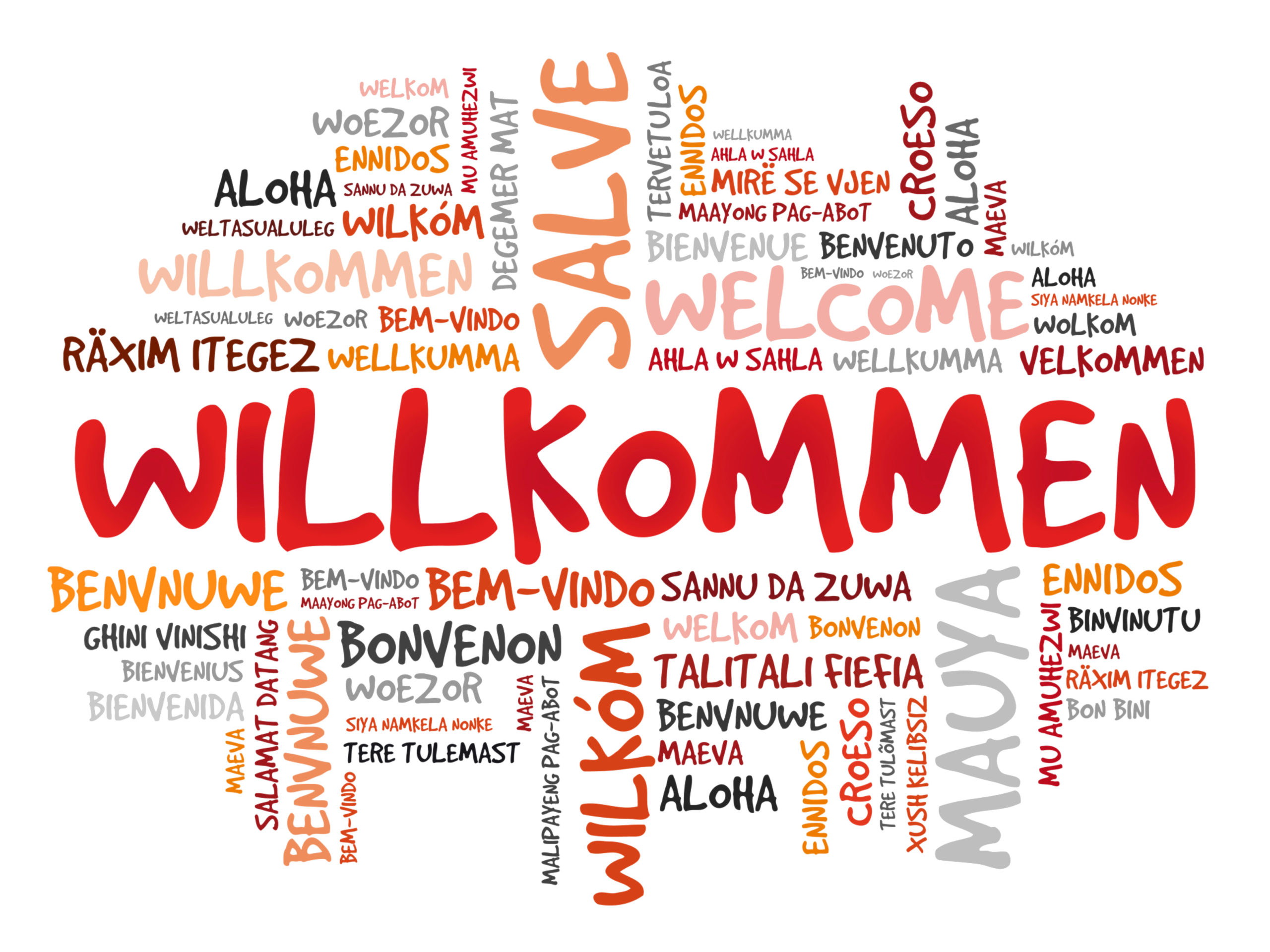 Willkommen (Welcome in German) word cloud in different languages